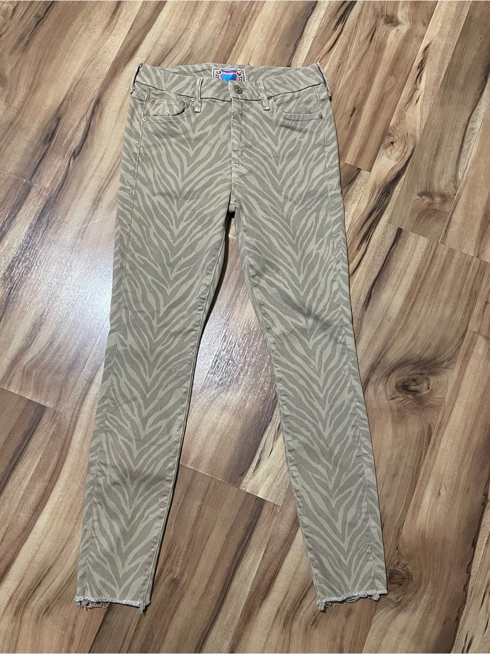 MOTHER The Looker Ankle Fray Zebra Print Skinny Jeans Sweet Stripes Tan Size 27